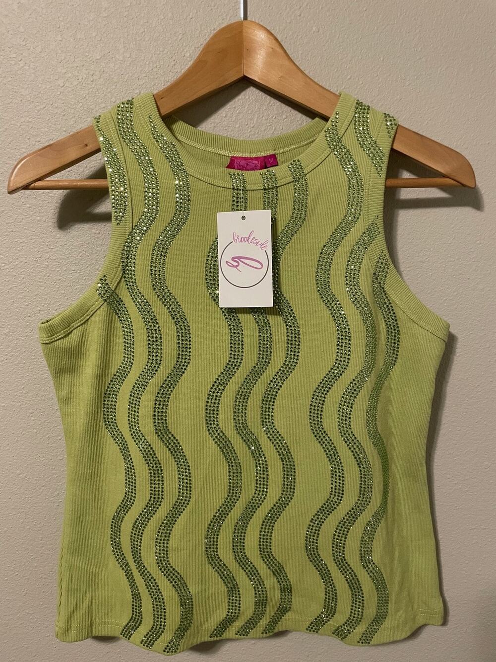 Queen Of Sparkles Lime Green Wave Rhinestone Tank Top Womens Medium Stretch NEW